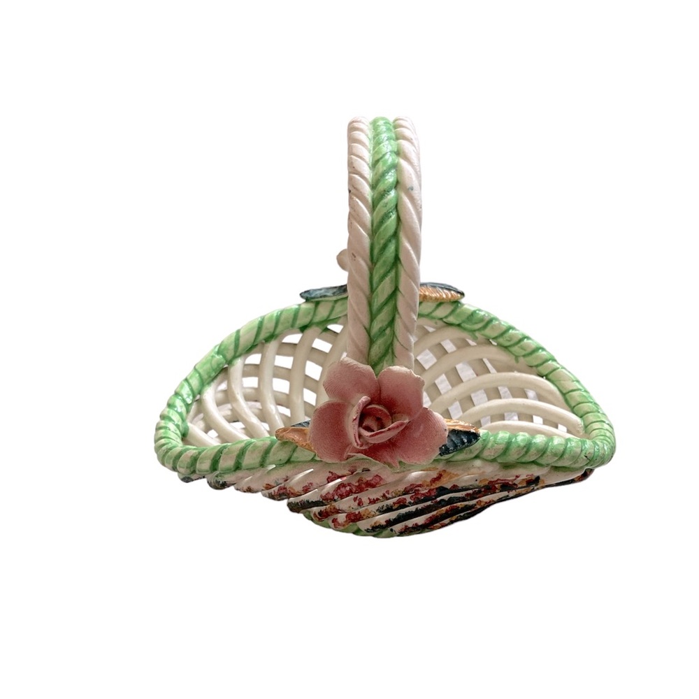 Porcelain Woven Basket Vintage Accent Decor Rose and Flowers Cottagecore Dainty